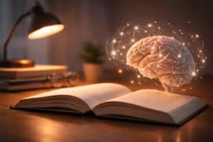 Offenes Buch auf einem Holztisch, daneben ein leuchtendes Gehirn mit feinen neuronalen Verbindungen im warmen Licht – symbolisch für die Wirkung des Lesens auf das Gehirn und die Neuroplastizität.